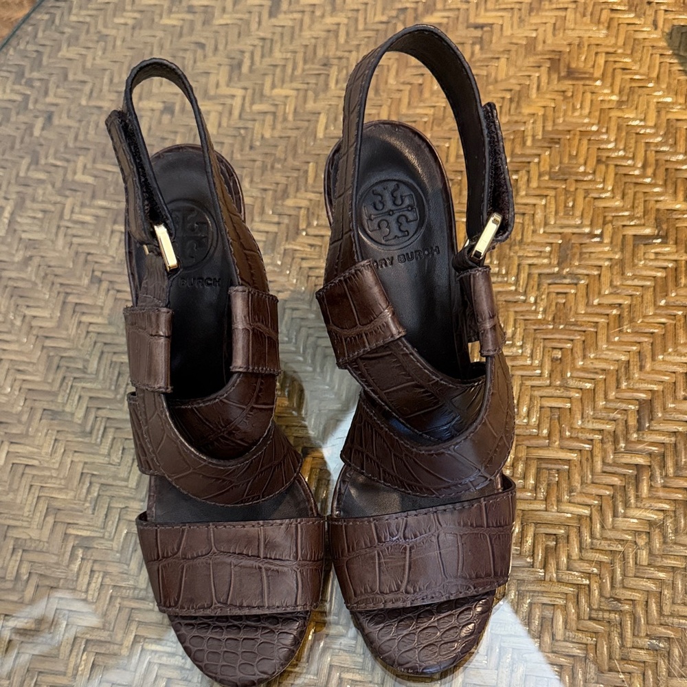 Tory Burch Dark Brown Croc-Pattern Sandals